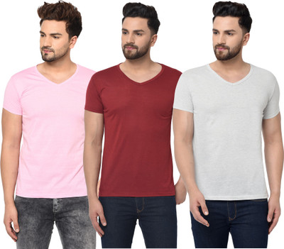 Jangoboy Solid Men V Neck White, Maroon, Pink T-Shirt