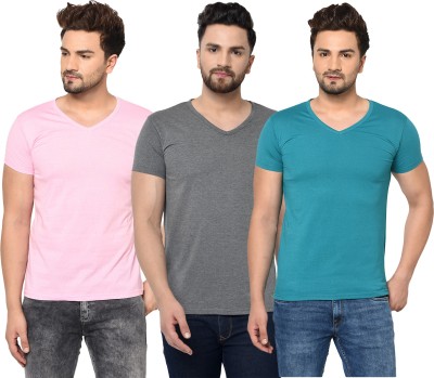 Unite Wear Solid Men V Neck Light Blue, Pink, Grey T-Shirt