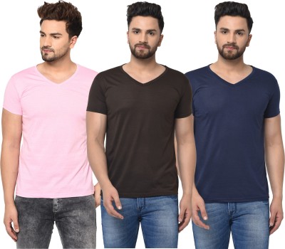 Bribzy Solid Men V Neck Blue, Brown, Pink T-Shirt