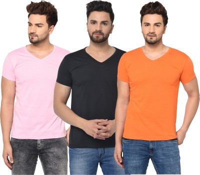 Unite Wear Solid Men V Neck Pink, Black, Orange T-Shirt