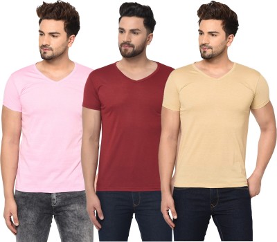 Bribzy Solid Men V Neck Maroon, Pink, Beige T-Shirt