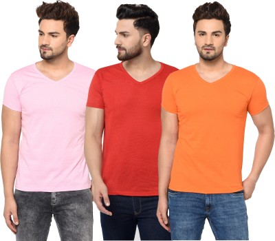 Adorbs Solid Men V Neck Red, Pink, Orange T-Shirt