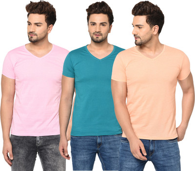 Adorbs Solid Men V Neck Blue, Pink, Beige T-Shirt