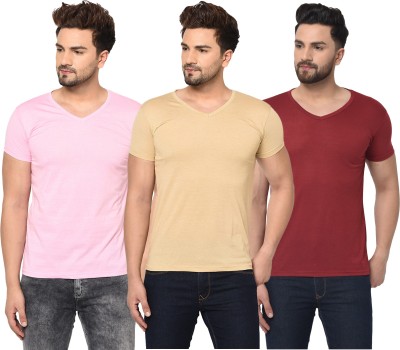 Bribzy Solid Men V Neck Maroon, Pink, Beige T-Shirt