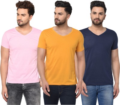Bribzy Solid Men V Neck Dark Blue, Pink, Yellow T-Shirt