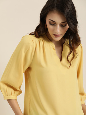 all about you Casual 3/4 Sleeve Solid Women Yellow Top