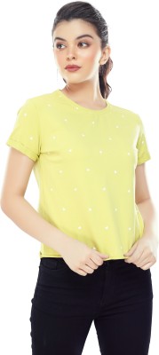 ZEYO Casual Short Sleeve Printed Women Yellow Top