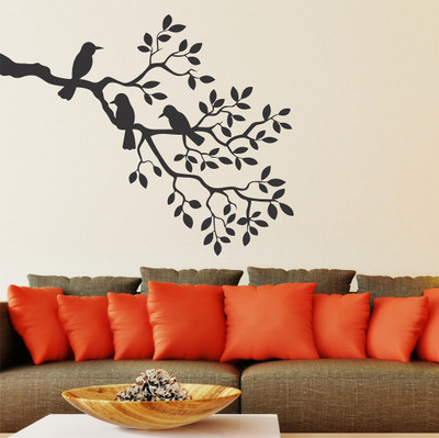fuzzy 80 cm birds tree Self Adhesive Sticker(Pack of 1)