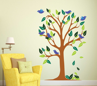 fuzzy 80 cm birds tree Self Adhesive Sticker(Pack of 1)