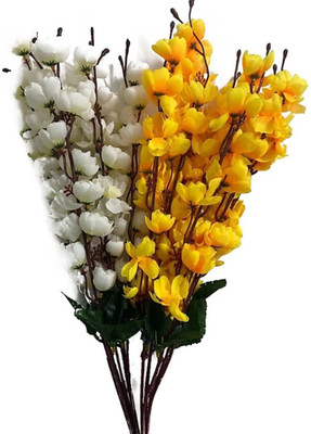 OM COLLECTIONS White, Yellow Orchids Artificial Flower(22 inch, Pack of 2, Flower Bunch)
