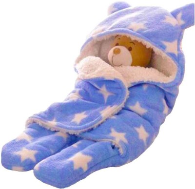 Pandaoriginals Self Design Single Hooded Baby Blanket for  AC Room(Cotton, Blue, White)