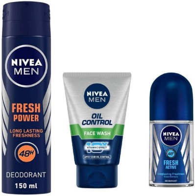 NIVEA Men Fresh Power Deo 150, OIl Control Face Wash 100Ml, Fresh Active Roll ON 50Ml 1=203(3 Items in the set)