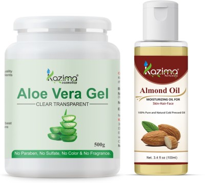 Kazima Aloe vera Gel Raw (500 Gram) and Almond Oil 100ml - Ideal for Skin Treatment, Face, Acne Scars, Hair Care(2 Items in the set)