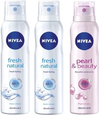 NIVEA Fresh natural (150 ml x 2), pearl & beauty(150ml x 2) Deodorant Spray  -  For Men & Women(450 ml, Pack of 3)