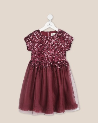 Nitt Hyman  - Cherry Crumble Indi Girls Midi/Knee Length Party Dress(Maroon, Short Sleeve)