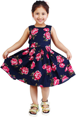 Klowvila Fashion Girls Below Knee Casual Dress(Dark Blue, Sleeveless)