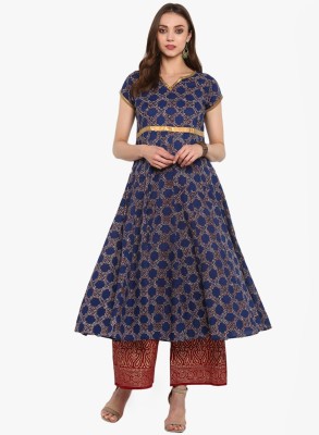 MBE Women Colorblock Flared Kurta(Blue, Grey)