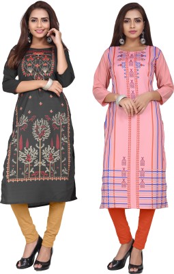 J 2 Fashion Women Floral Print Straight Kurta(Black, Pink)