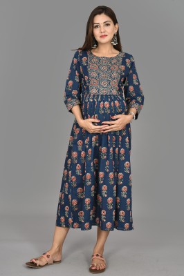 Negen Women Printed Flared Kurta(Blue)