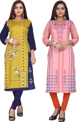 J 2 Fashion Women Floral Print Straight Kurta(Pink, Yellow)