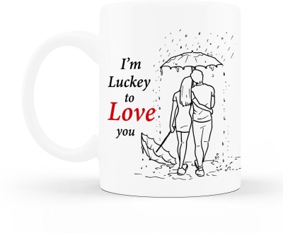 iMPACTGift I am Luckey to Love You Printed Coffee, Green Tea Best Gift for Couple, Husband and Wife, Girlfriend and Boyfriend, Lover Ceramic Coffee Mug(325 ml)