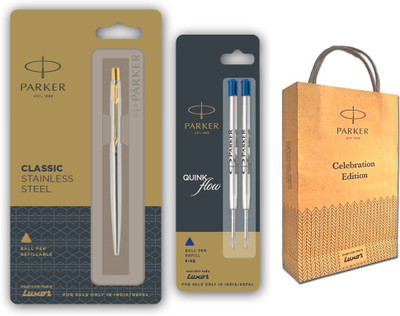 PARKER Classic Stainless Steel Ball Pen With Two Flow Refill Ball Pen(Pack of 3, Ink Color - Blue)