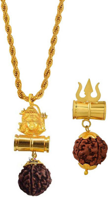 Sullery Religious Bolenath Mahadev Shiv Shankar Trishul Damaru Locket With Brass Rope Chain Gold-plated Brass, Wood Pendant Set