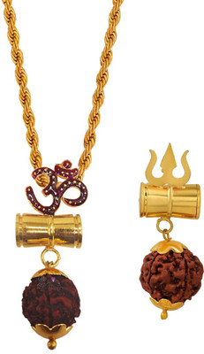 Sullery Religious Beautiful Shiv Shankar Om Trishul Damaru Locket With Brass Rope Chain Gold-plated Brass, Wood Pendant Set