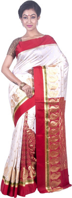 JagannathSaree Self Design Bollywood Silk Blend Saree(Red, White)