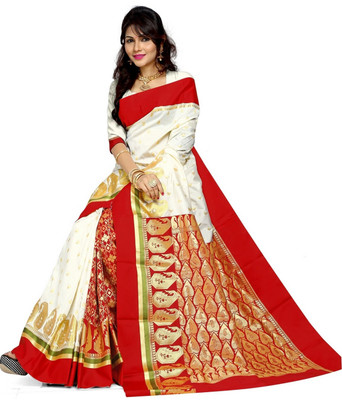 JagannathSaree Self Design Bollywood Silk Blend Saree(Red, White)