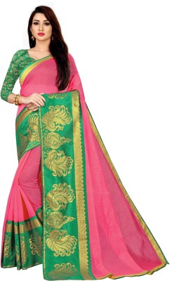 VIROVI ENTERPRISE Woven Chanderi Cotton Blend, Pure Cotton Saree(Green, Pink)