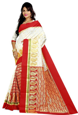JagannathSaree Self Design Bollywood Silk Blend Saree(Red, White)