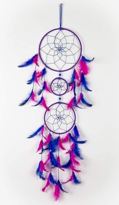 BS AMOR Dream Catcher Wall Hanging Handmade Beaded 3 Ring Circular Net with Feather Decoration lbh 75 x 19cm Multicolor Pack of 1 Decorative Showpiece  -  0.3 cm(Feather, Pink, Dark Blue)