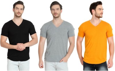 GLITO Solid Men V Neck Black, Grey, Yellow T-Shirt