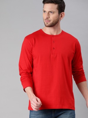 BE AWARA Self Design Men Henley Neck Red T-Shirt