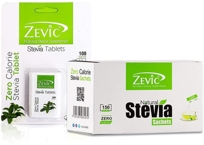 Zevic Zero Calorie Stevia white 100 Tablets & 150 Stevia Sachets | Made with Stevia Extracts | Ideal for People Managing Weight | Healthy Substitute for Sugar, Honey & Other Sweetener(170 g, Pack of 2)