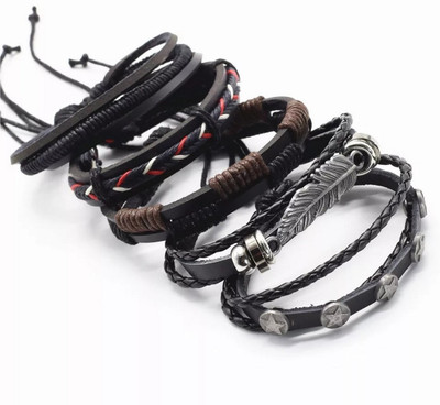 University Trendz Leather Silver Coated Bracelet Set(Pack of 5)