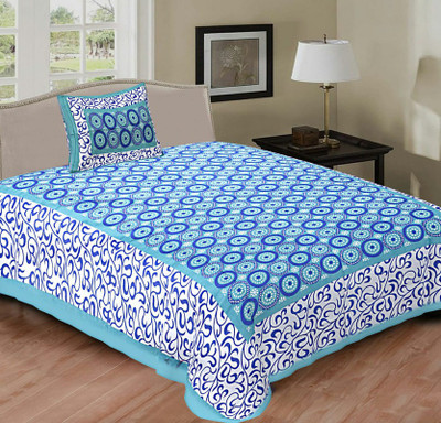 PETROSOLY 144 TC Cotton Single Jaipuri Prints Flat Bedsheet(Pack of 1, Blue)