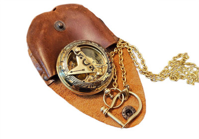 Ascent India Brass Push Button Sundial Compass Chain Leather Pocket Case Nautical Gift Compass(Gold, Brown)