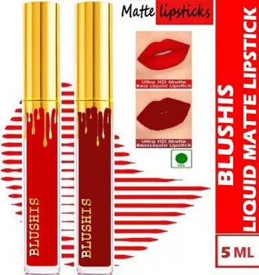 BLUSHIS High Defination Liquid matte Lipstick Non Transfer Combo Pck of 2 Red Edition [ Red ,Deep Marrooned](maroon, Red, 10 ml)