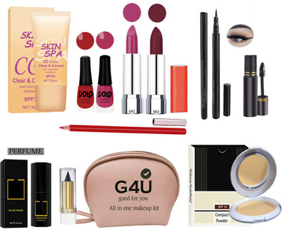 G4U Stylish Beauty makeup kit 13F2021A44 ( 1 Compact 1 Kajal 1 Eyeliner 1 CC Cream 2 Lipsticks 1 Lipliner 2 Nailpaints 1 Mascara 1 Pouch 1 perfume ) Set Of 12 Pcs.(Pack of 12)