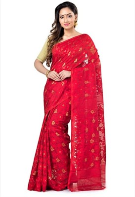 Krishneshwari Self Design, Woven Jamdani Cotton Silk Saree(Red)