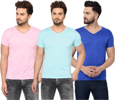 Jaskart Solid Men V Neck Light Blue, Blue, Pink T-Shirt