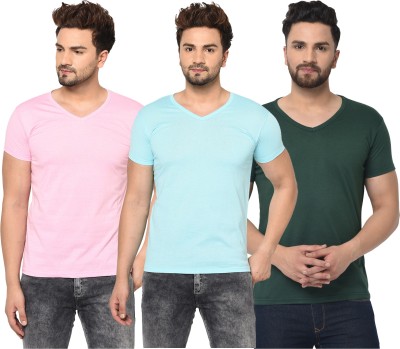 Adorbs Solid Men V Neck Light Blue, Dark Green, Pink T-Shirt