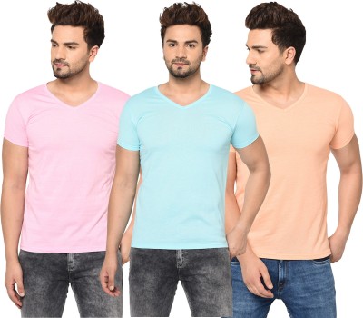 Adorbs Solid Men V Neck Light Blue, Pink, Beige T-Shirt