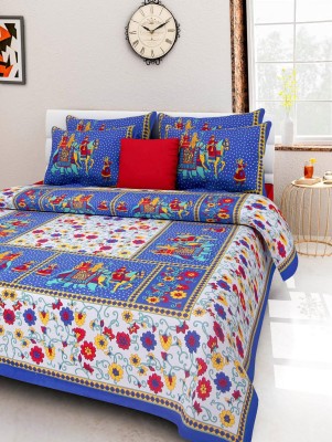 Dev Fashion 144 TC Cotton Double Jaipuri Prints Flat Bedsheet(Pack of 1, Blue, White)