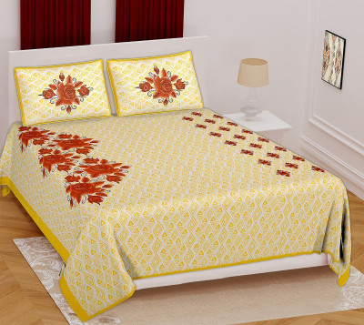 Sanganeri Mart Cotton Double Flat 165 TC Jaipuri Prints Bedsheet(Pack of 1, White Yellow Red Mix)