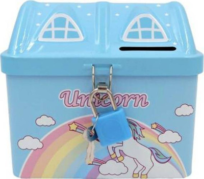 Spocco Piggy Bank for Kids with Lock and Key House/Hut Shape Unicorn Printed Metal Coin Bank Coin Bank (Blue) Coin Bank(Blue)