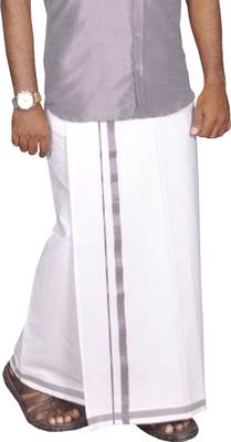 Prakasam Cotton Men's White Colour Premium Quality Welcro Pocket ( sticker Dhoti) Silver Jari border Cotton Solid Men Dhoti