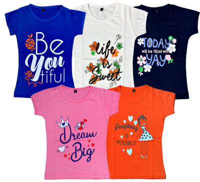 FAZZA Girls Printed Pure Cotton Regular T Shirt(Multicolor, Pack of 5)